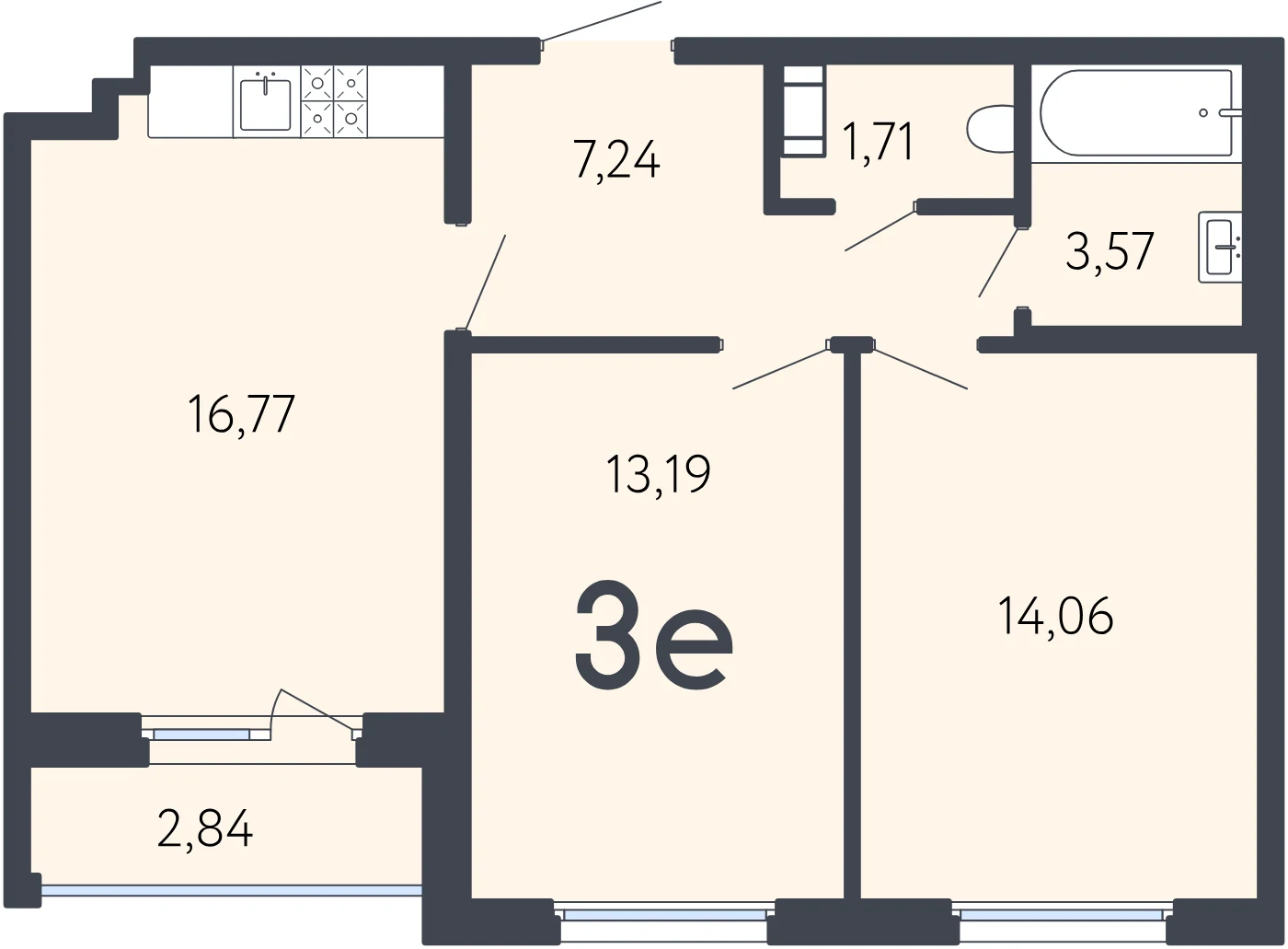Планировка 3-комнатная 58 м² в ЖК «17 линия» — ЖК «17 линия»