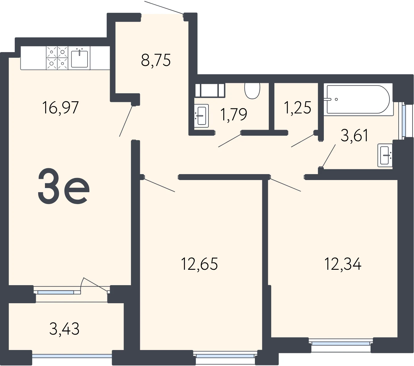 Планировка 3-комнатная 59,1 м² в ЖК «17 линия» — ЖК «17 линия»