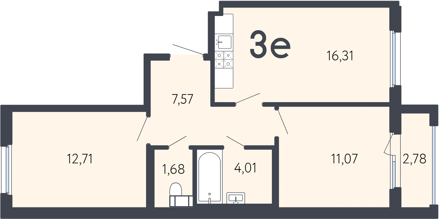 Планировка 3-комнатная 55,2 м² в ЖК «17 линия» — ЖК «17 линия»