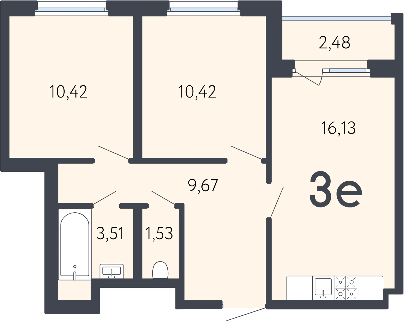 Планировка 3-комнатная 52,9 м² в ЖК «17 линия» — ЖК «17 линия»
