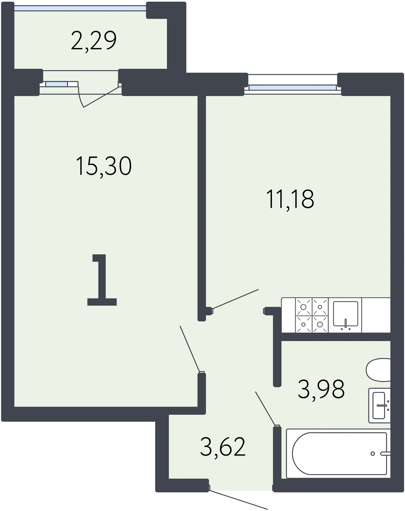 Планировка 1-комнатная 34,8 м² в ЖК «17 линия» — ЖК «17 линия»