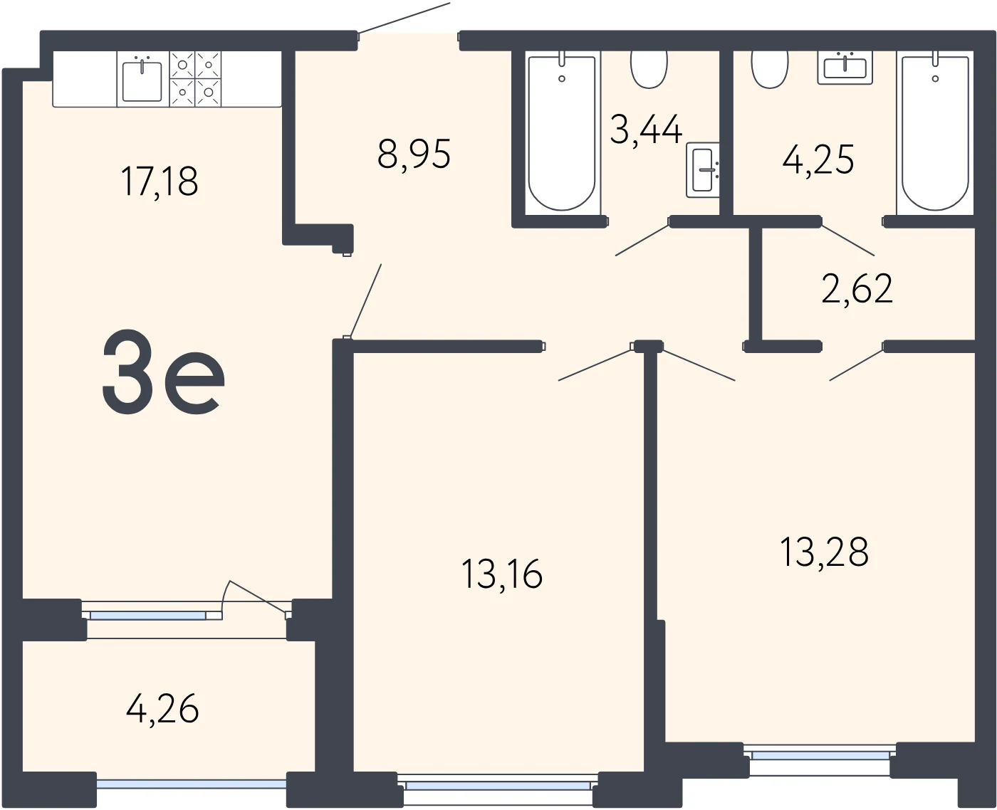 Планировка 3-комнатная 65 м² в ЖК «17 линия» — ЖК «17 линия»